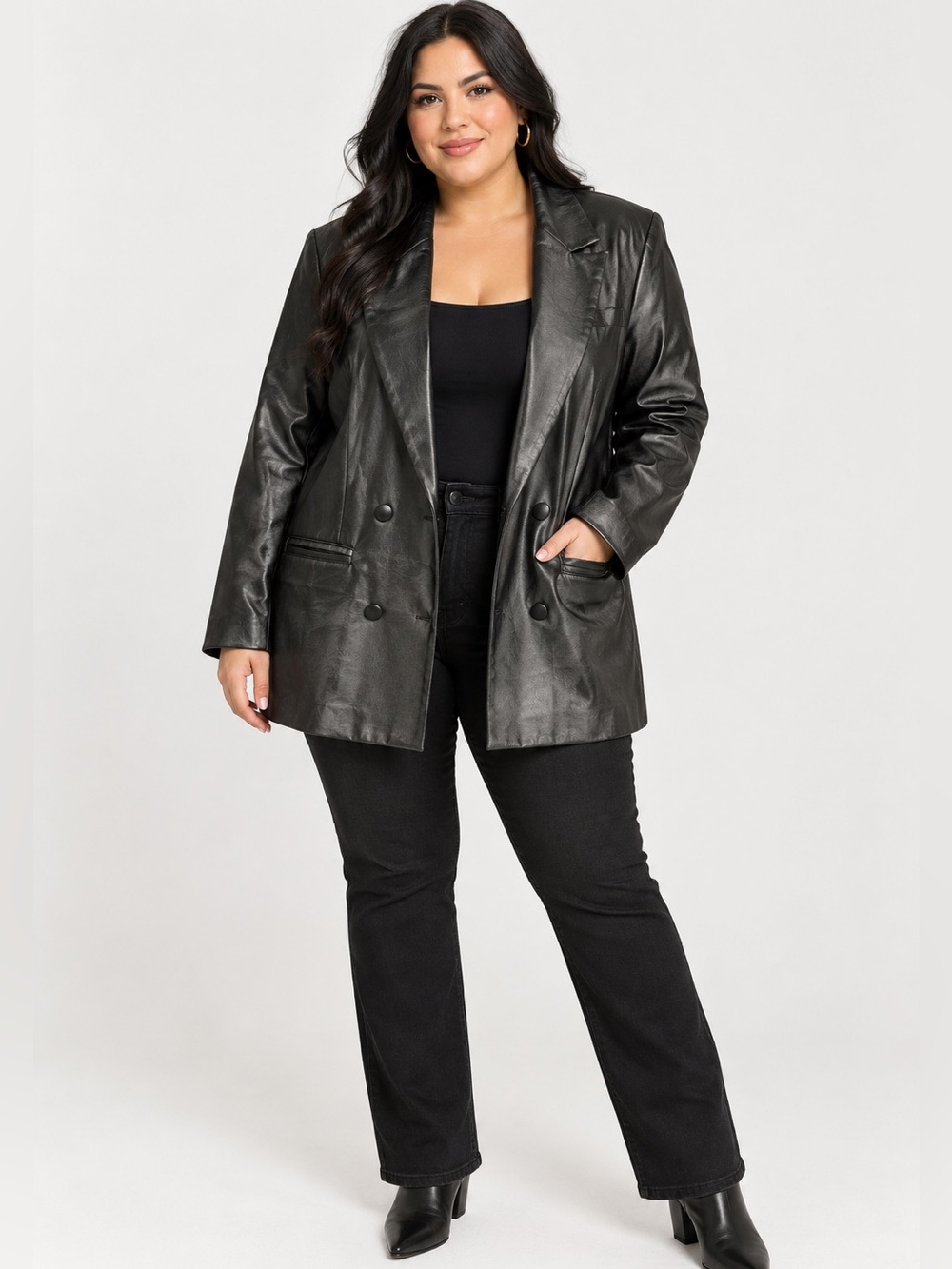 MISSGUIDED Black Faux Leather Double Breasted Oversized Blazer Size 14